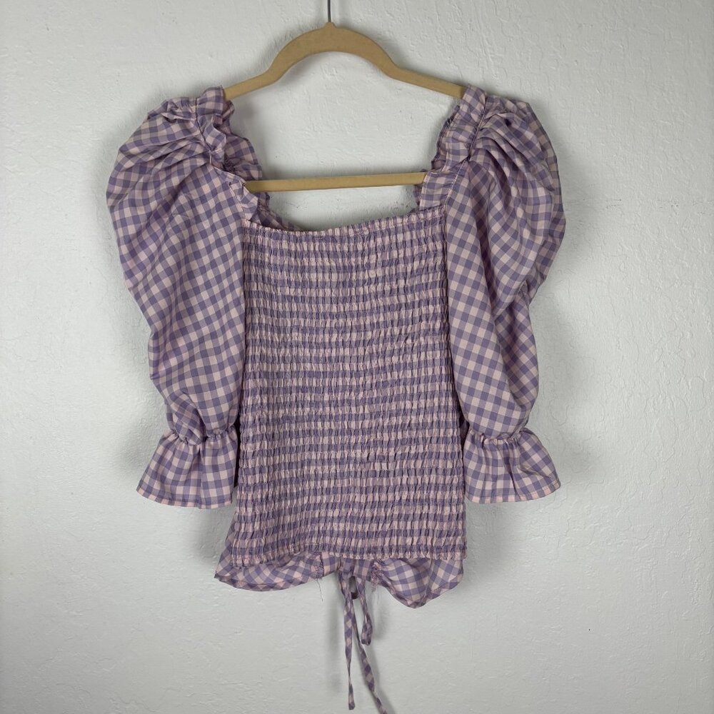Pastel M Purple Pink Gingham Puff Sleeve Lace-Up Corset Blouse Coquette Top - Picture 5 of 5